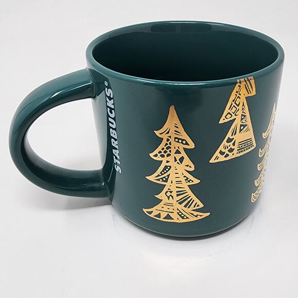 Starbucks Mug 2015 Green and Gold Foil Christmas Tree Oversized Coffee 14 oz EUC - Picture 1 of 6